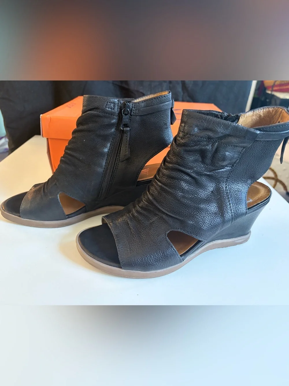 Miz Mooz Becca size 38 (8 ish women )Wedge Peep-Toe Ankle Boots in Black